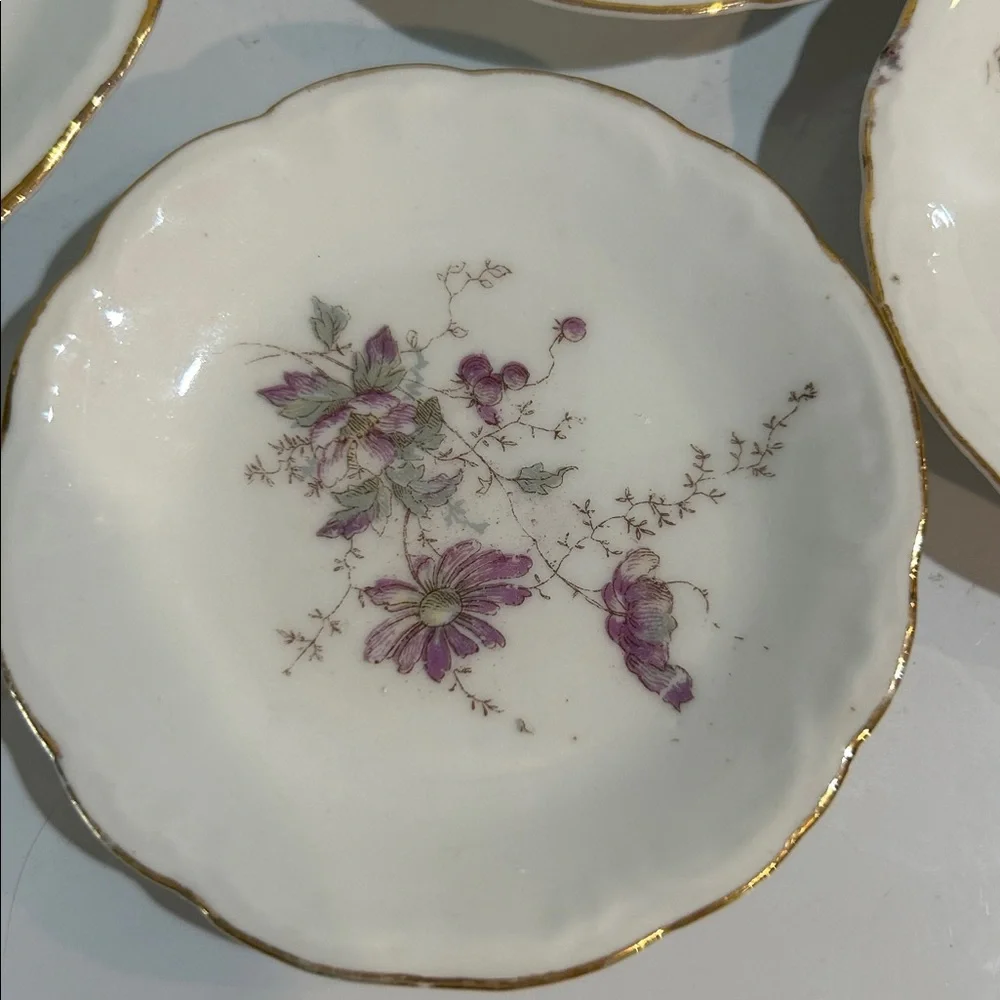 Antique L.S.&S. Carlsbad Austria Hand Painted Floral Plates Set  7 Gold Trim 3.5